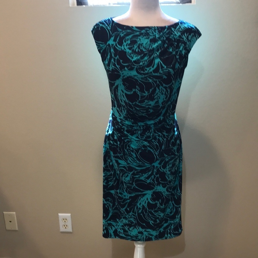 American Living Floral Teal and Navy Sheath Dress w/Ruched Waist & Cap Sleeve-10